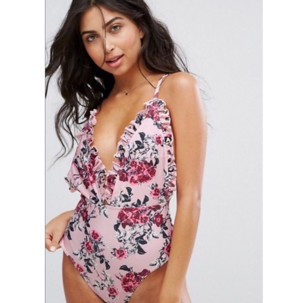 EUC Peek & Beau Floral Frill One-Piece Swimsuit - Pink Floral - Size 6 (UK 10)
